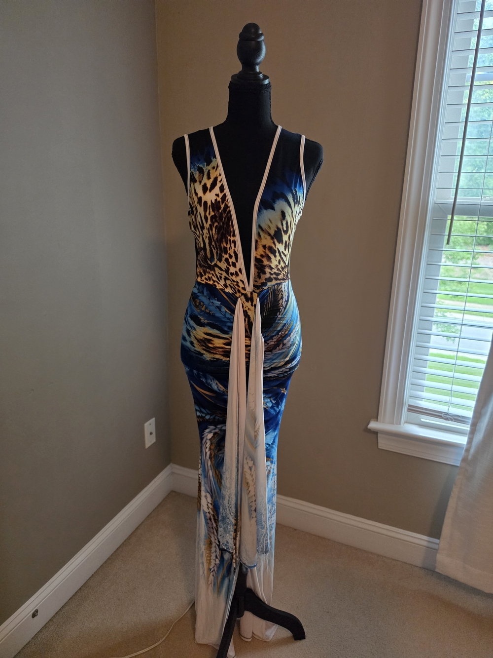 Fashion Nova Blue and Beige Leopard-Print Deep V Maxi Dress Worn Once